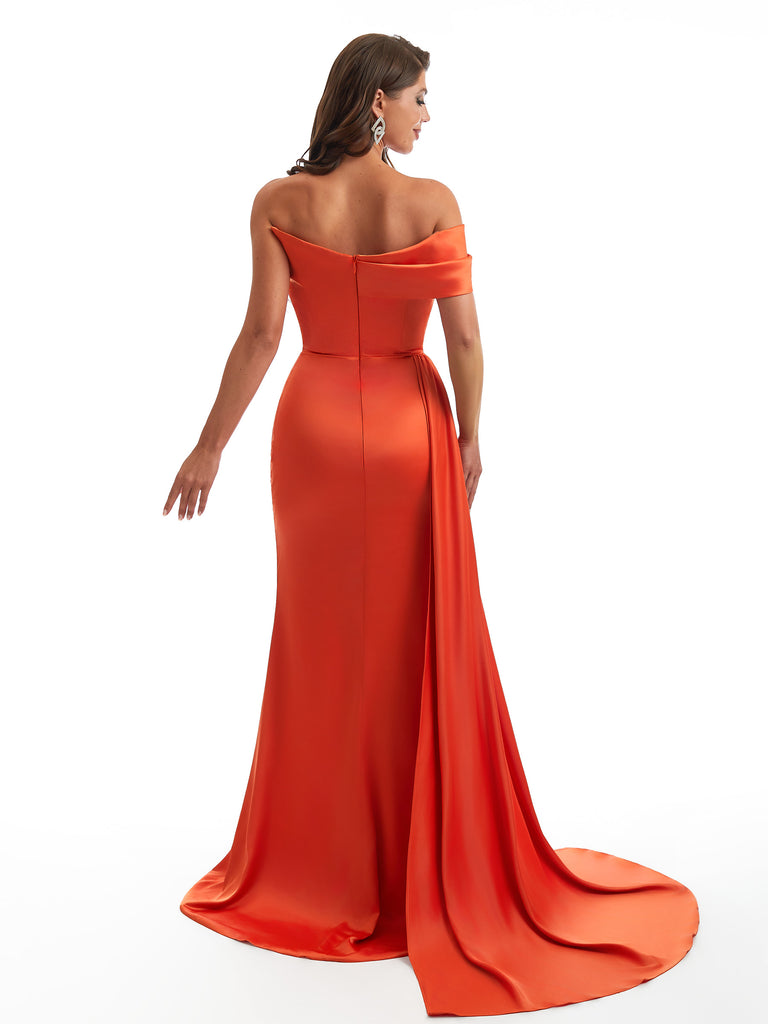 Elegant Off The Shoulder Side Slit Mermaid Satin Ruched Unique Long Bridesmaid Dresses