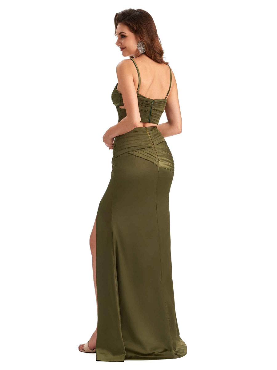 Sexy Two Pieces Side Slit Mermaid Silky Satin Unique Long Wedding Attendee Dress