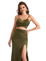 Sexy Two Pieces Side Slit Mermaid Silky Satin Unique Long Formal Evening Dresses