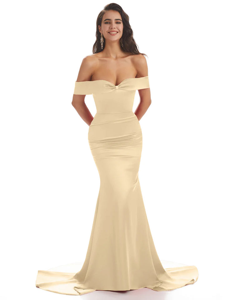 Modern Soft Satin Off-Shoulder Floor Length Mermaid Bridesmaid Dresses In Stock