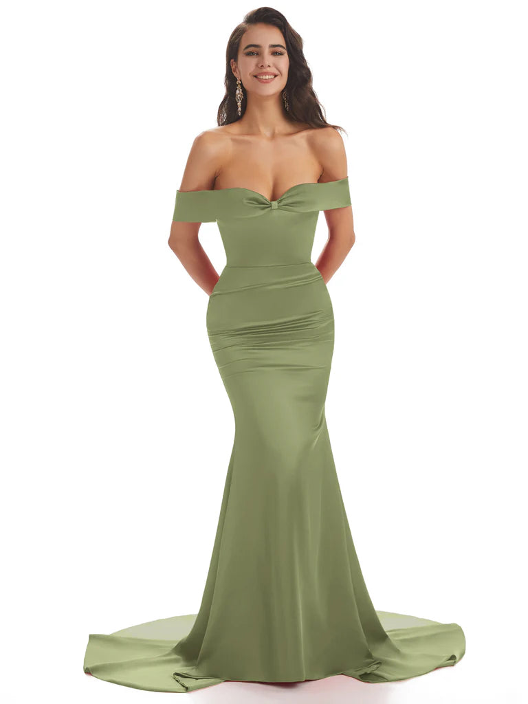 Modern Soft Satin Off-Shoulder Floor Length Mermaid Bridesmaid Dresses In Stock