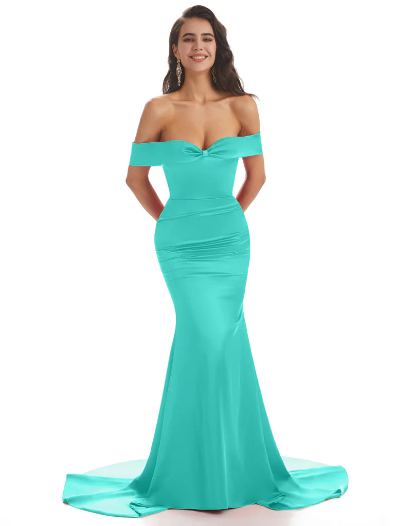 Modern Soft Satin Off-Shoulder Floor Length Mermaid Bridesmaid Dresses In Stock