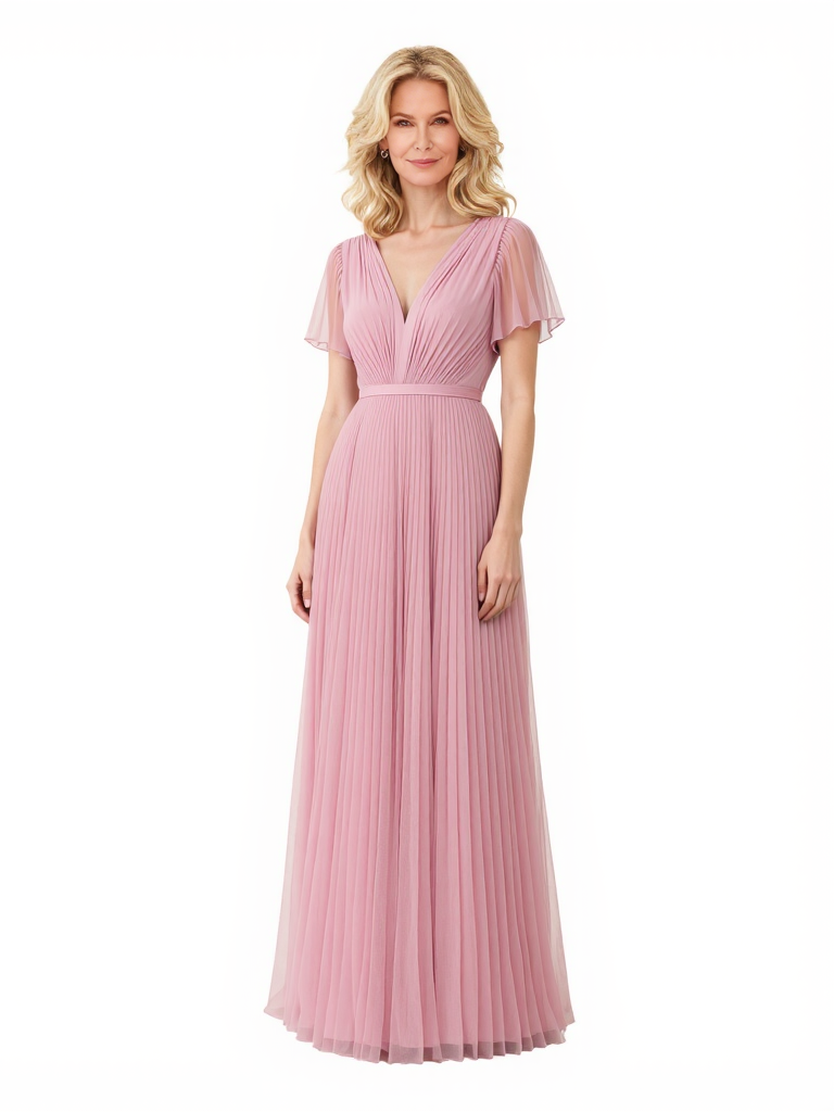 Elegant V-Neck A-Line Pleated Flutter Sleeves Chiffon Long Mother Of The Bride Dresses