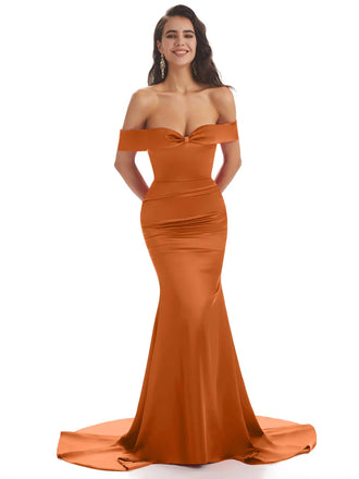 Modern Soft Satin Off-Shoulder Floor Length Mermaid Bridesmaid Dresses In Stock