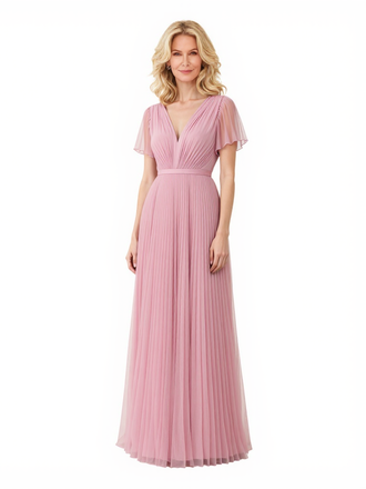 Elegant V-Neck A-Line Pleated Flutter Sleeves Chiffon Long Mother Of The Bride Dresses
