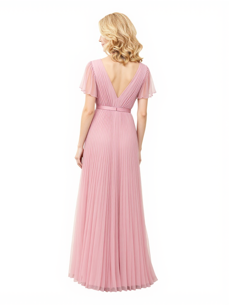 Elegant V-Neck A-Line Pleated Flutter Sleeves Chiffon Long Mother Of The Bride Dresses