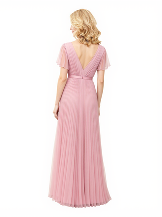 Elegant V-Neck A-Line Pleated Flutter Sleeves Chiffon Long Mother Of The Bride Dresses
