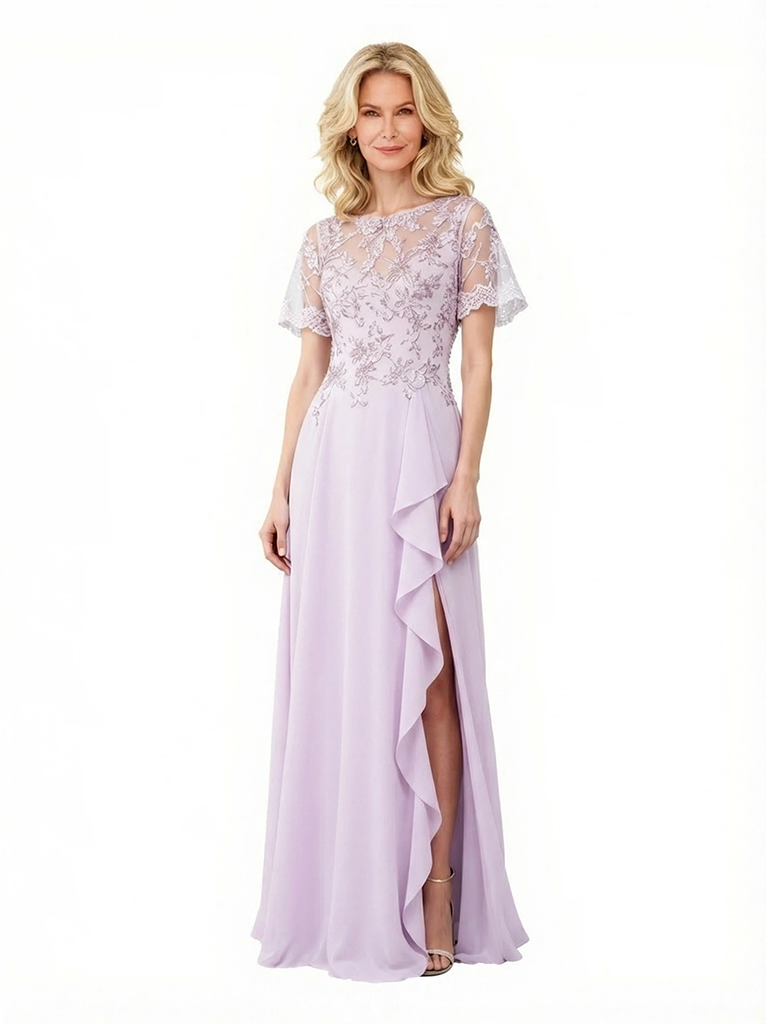 Elegant Lace Applique A-line Side Slit Ruffle Chiffon Long Mother of the Bride Dresses