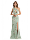 Simple One Shoulder Side Slit Mermaid Floral Satin Maxi Floral Formal Dresses For Women