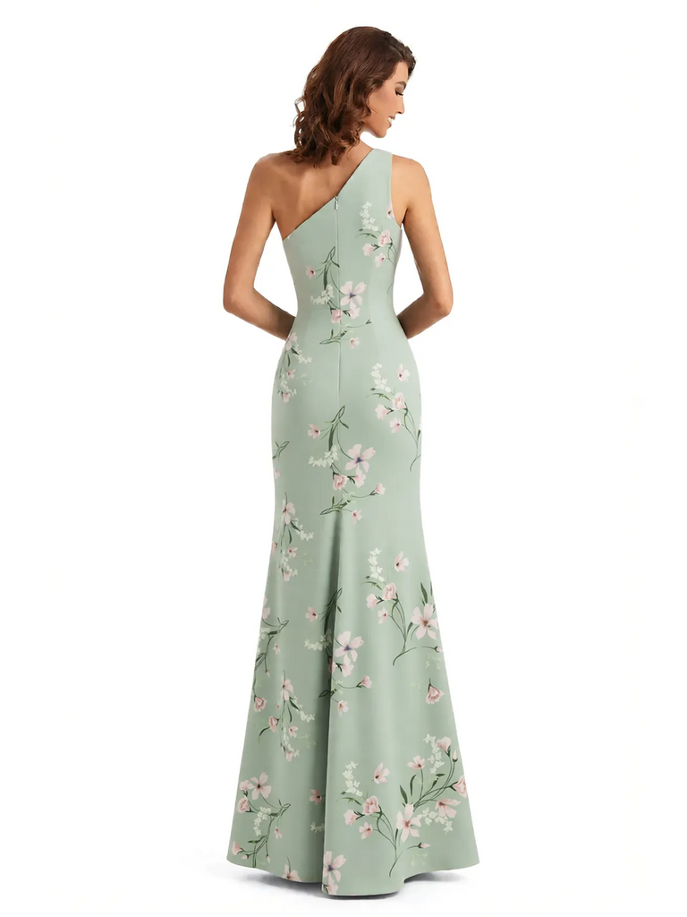 Simple One Shoulder Side Slit Mermaid Floral Satin Maxi Floral Formal Dresses For Women