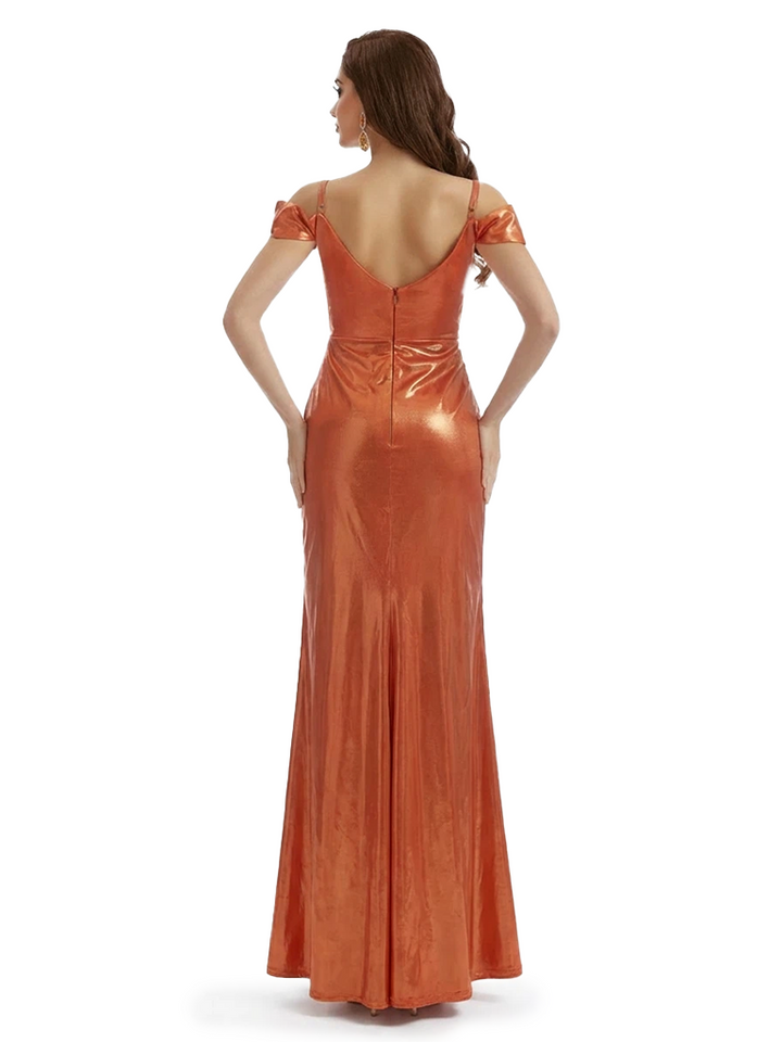 Sexy Cold Shoulder Mermaid Metallic Shiny Fabric Long Formal Dresses Side Slit