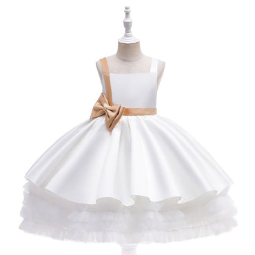 Elegant Bow Flower Girls Dress Satin Tulle Princess Gown for Wedding