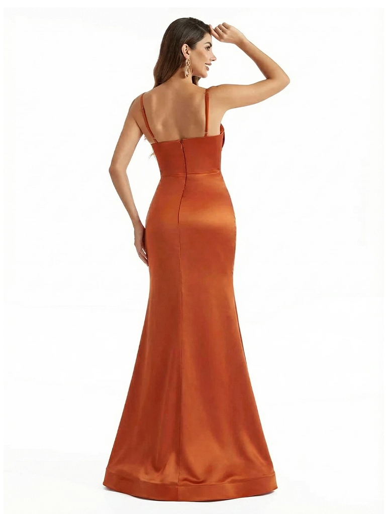 Trendy Silky Satin Mermaid Long Evening Gown Dresses For Women Spaghetti Straps