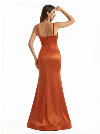 Trendy Silky Satin Mermaid Long Evening Gown Dresses For Women Spaghetti Straps