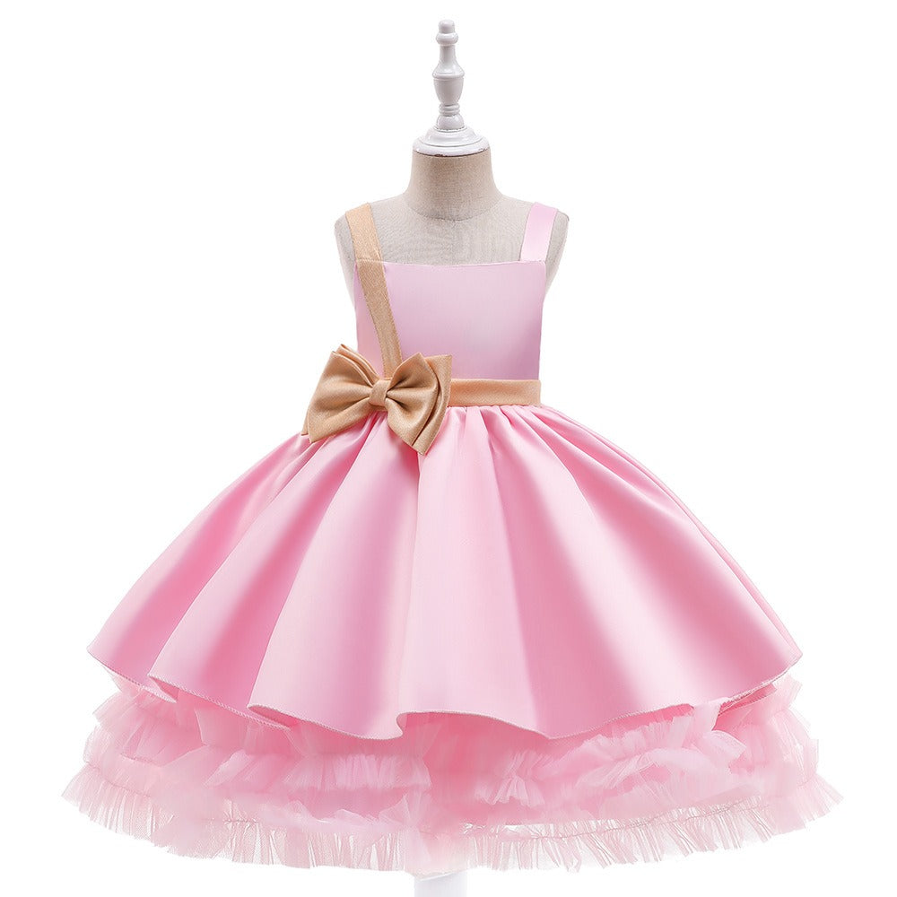 Elegant Bow Flower Girls Dress Satin Tulle Princess Gown for Wedding