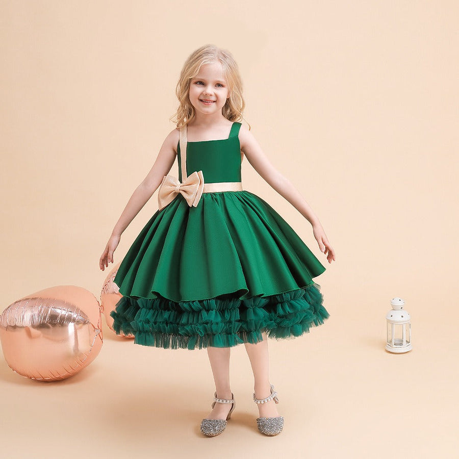 Elegant Bow Flower Girls Dress Satin Tulle Princess Gown for Wedding