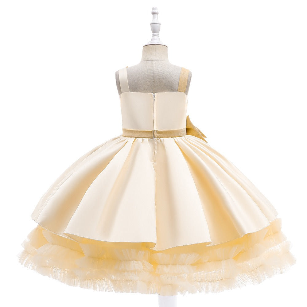 Elegant Bow Flower Girls Dress Satin Tulle Princess Gown for Wedding