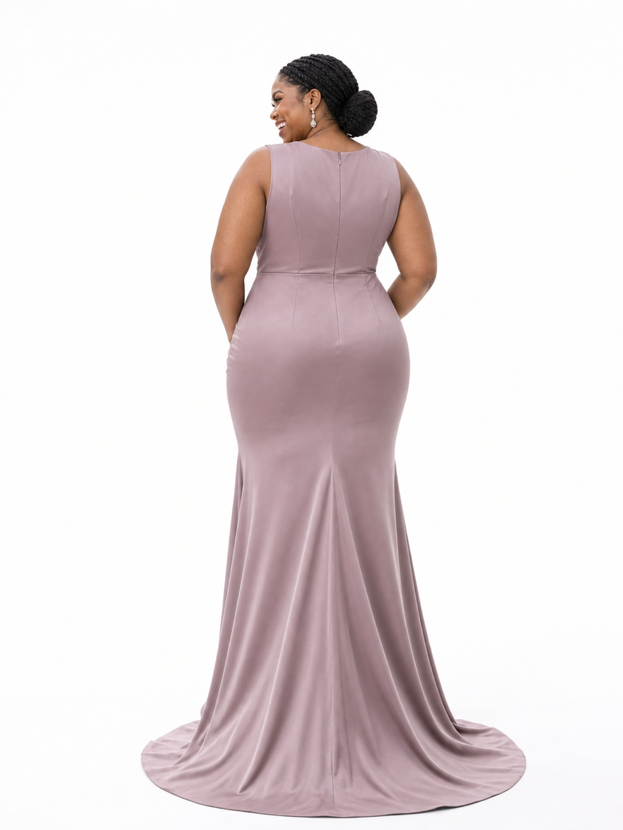 ChicSew V-Neck Ruched Mermaid Soft Satin Sleeveless Long Bridesmaid Dresses