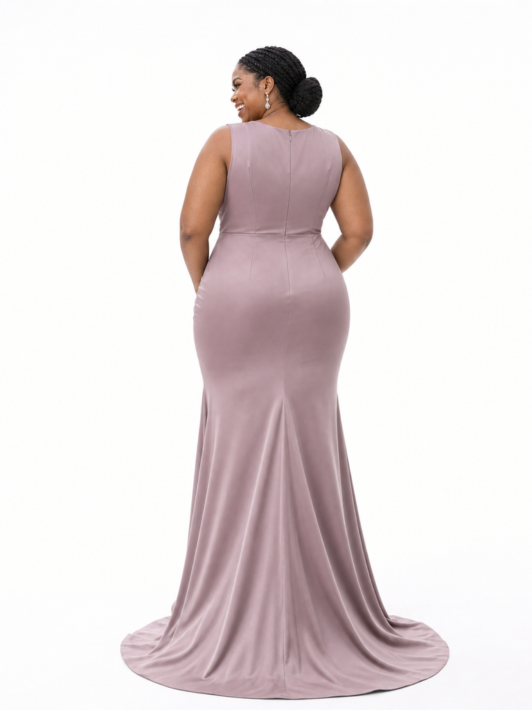 ChicSew V-Neck Ruched Mermaid Soft Satin Sleeveless Long Bridesmaid Dresses