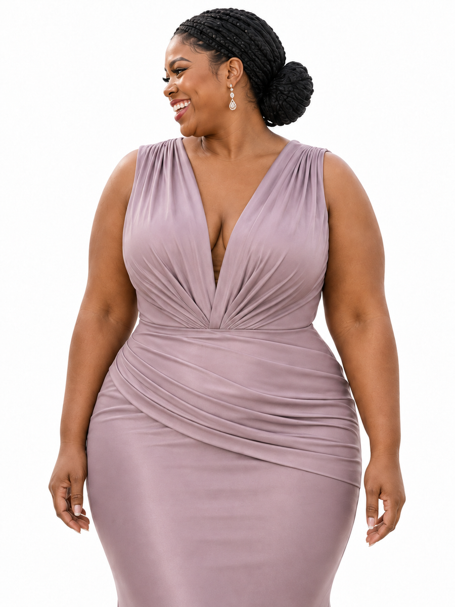ChicSew V-Neck Ruched Mermaid Soft Satin Sleeveless Long Bridesmaid Dresses