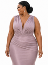 ChicSew V-Neck Ruched Mermaid Soft Satin Sleeveless Long Bridesmaid Dresses