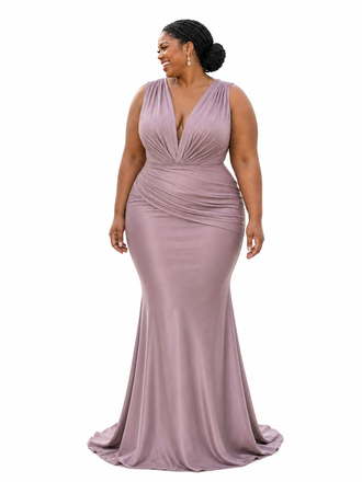 ChicSew V-Neck Ruched Mermaid Soft Satin Sleeveless Long Bridesmaid Dresses