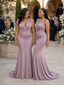 ChicSew V-Neck Ruched Mermaid Soft Satin Sleeveless Long Bridesmaid Dresses