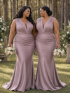 ChicSew V-Neck Ruched Mermaid Soft Satin Sleeveless Long Bridesmaid Dresses