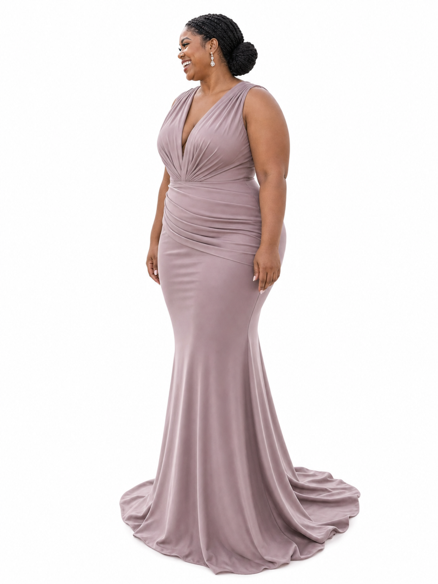 ChicSew V-Neck Ruched Mermaid Soft Satin Sleeveless Long Bridesmaid Dresses