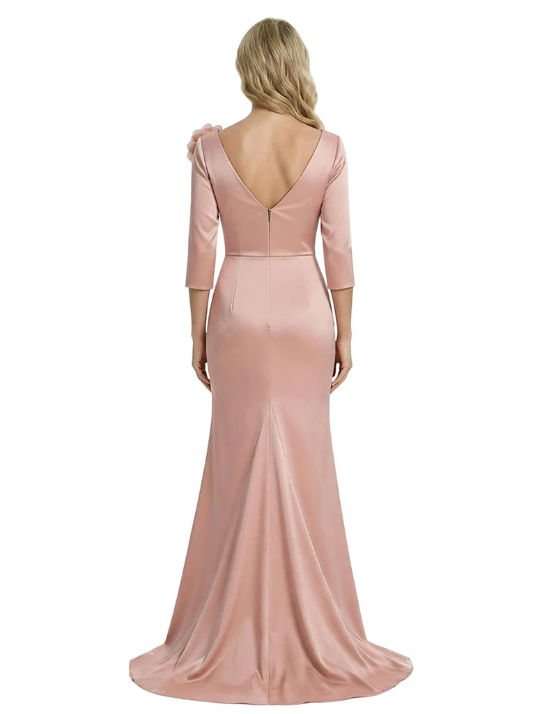 Unique V-neck 3/4 Sleeves Floor-Length Mother Of The Bride Dress With Floral Detail