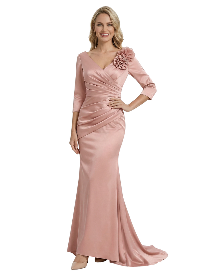 Unique V-neck 3/4 Sleeves Floor-Length Mother Of The Bride Dress With Floral Detail