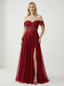 Stunning Off the Shoulder Lace Appliques A-line Tulle Prom Dress with Slit