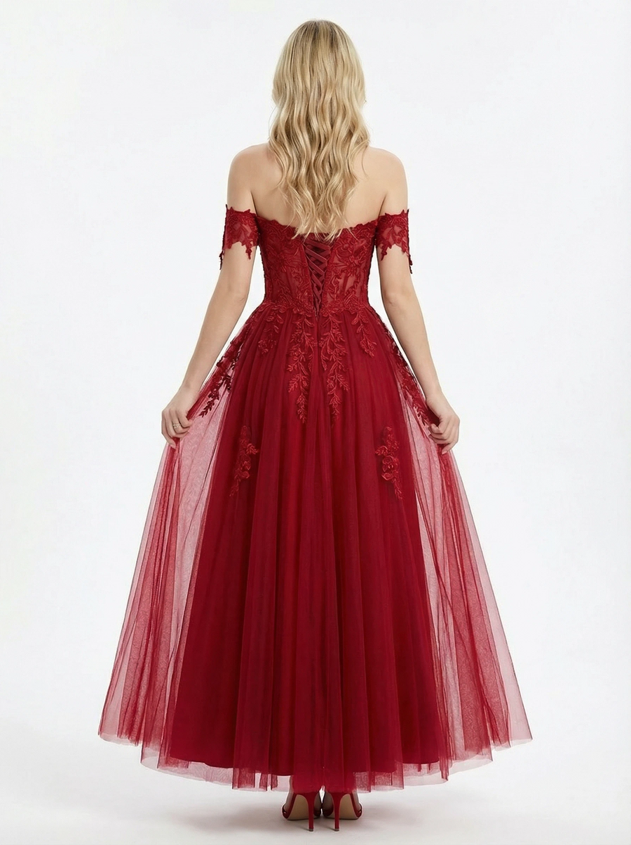 Stunning Off the Shoulder Lace Appliques A-line Tulle Prom Dress with Slit
