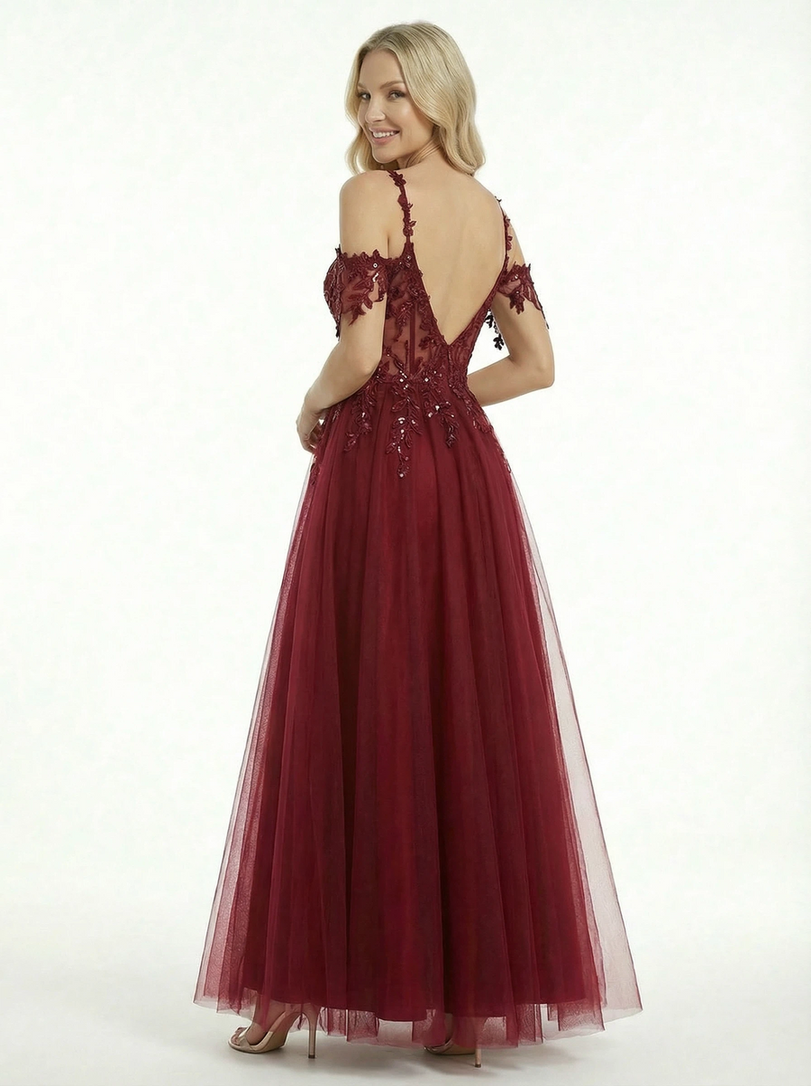 Sexy Cold Shoulder Lace Appliques A-line Corset Prom Dress with Slit