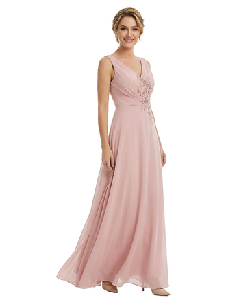 Beautiful V-Neck Mother Of The Bride Dress Sleeveless Applique Chiffon A-Line Gown