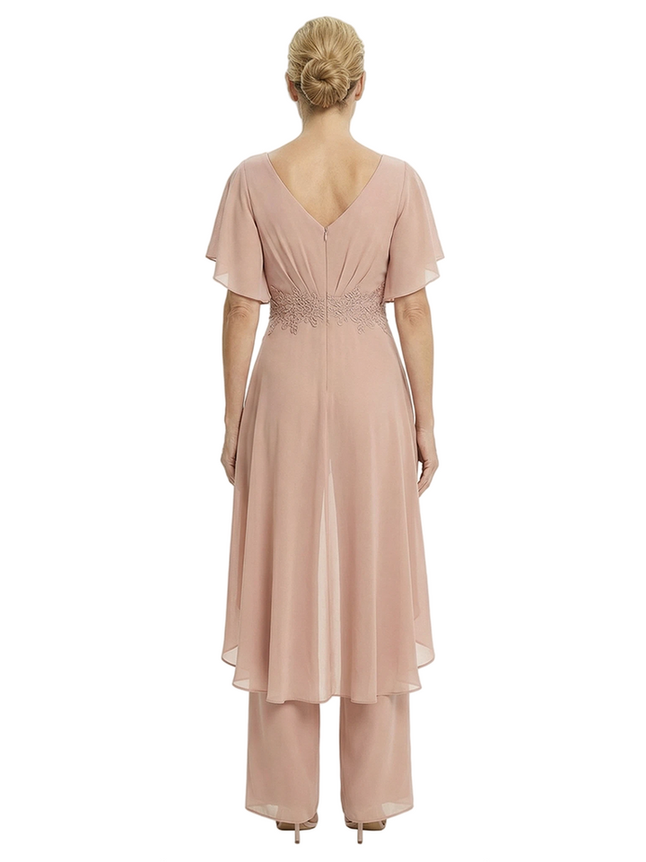 Stylish Mother Of The Bride Pantsuit V-Neck Flutter Sleeves Chiffon Overlay Jumpsuit