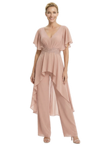 Stylish Mother Of The Bride Pantsuit V-Neck Flutter Sleeves Chiffon Overlay Jumpsuit