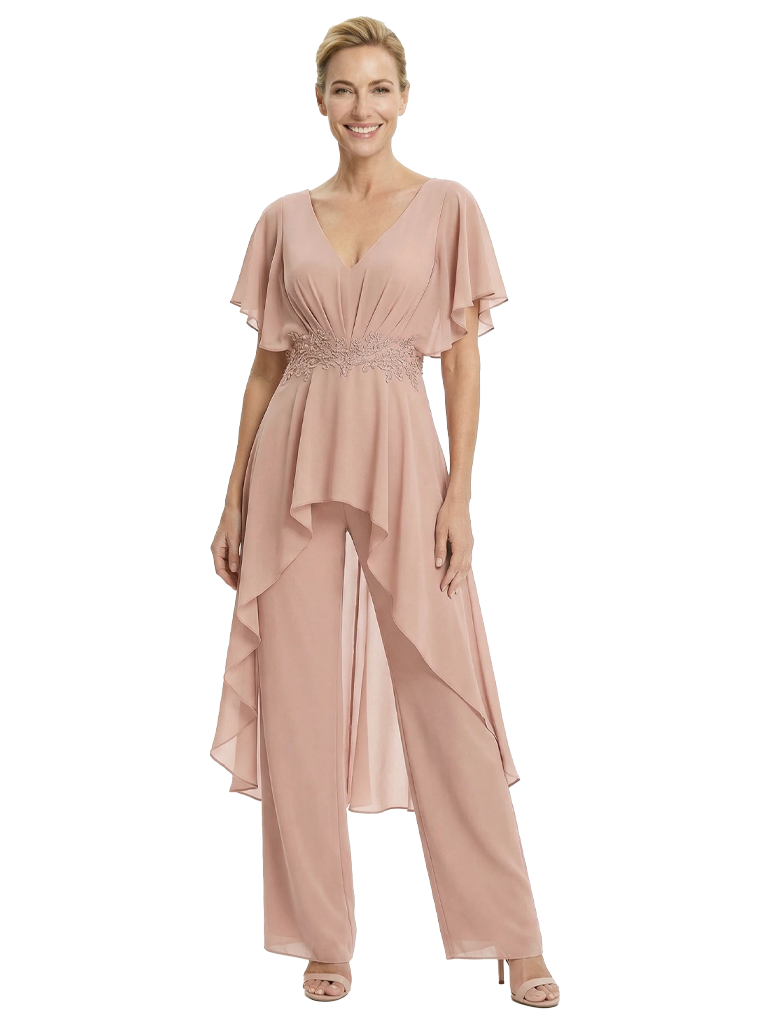 Stylish Mother Of The Bride Pantsuit V-Neck Flutter Sleeves Chiffon Overlay Jumpsuit