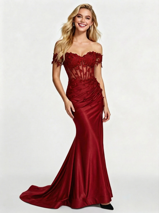 Elegant Satin Lace Off Shoulder Mermaid Long Party Prom Dresses