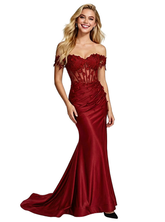 ChicSew Unique Off Shoulder Sleeveless Satin Floor Length Mermaid Formal Evening Dress