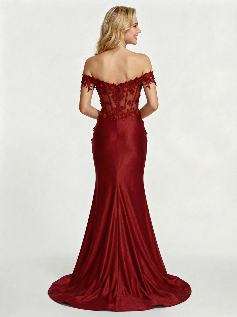 Elegant Satin Lace Off Shoulder Mermaid Long Party Prom Dresses