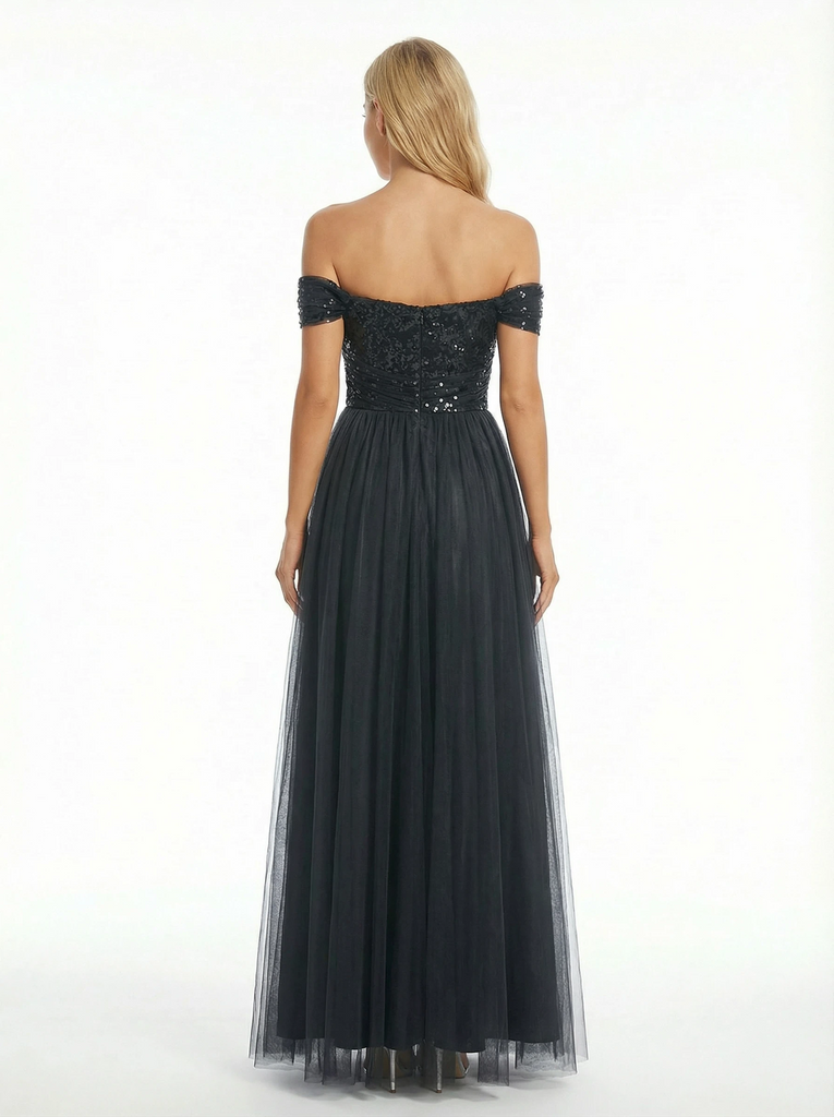 Elegant Sequin Tulle Off Shoulder A Line Long Party Prom Dresses