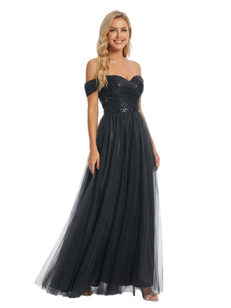 ChicSew Off The Shoulder Sequin Evening Dress Elegant Ruched Long Tulle Gown