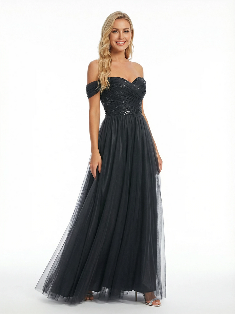 Elegant Sequin Tulle Off Shoulder A Line Long Party Prom Dresses
