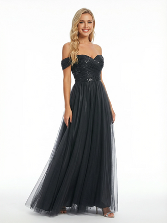 Elegant Sequin Tulle Off Shoulder A Line Long Party Prom Dresses
