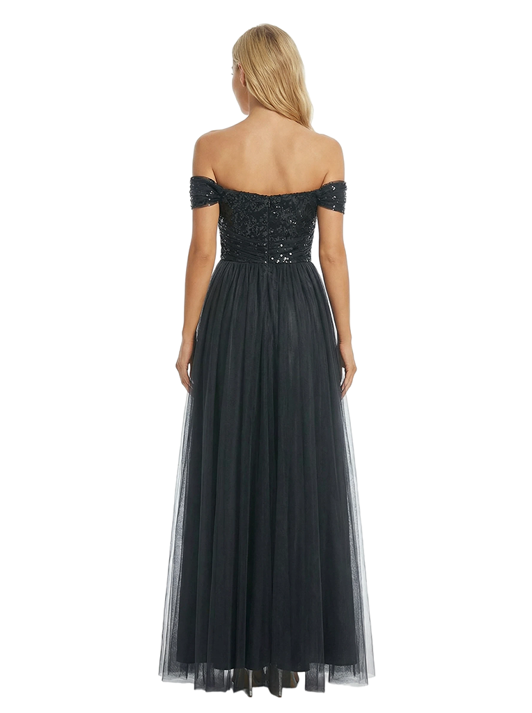 ChicSew Off The Shoulder Sequin Evening Dress Elegant Ruched Long Tulle Gown
