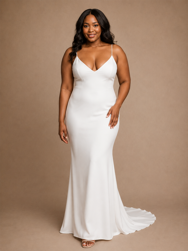 ChicSew Elegant V-Neck Spaghetti Straps Mermaid Crepe Floor-Length Wedding Dress