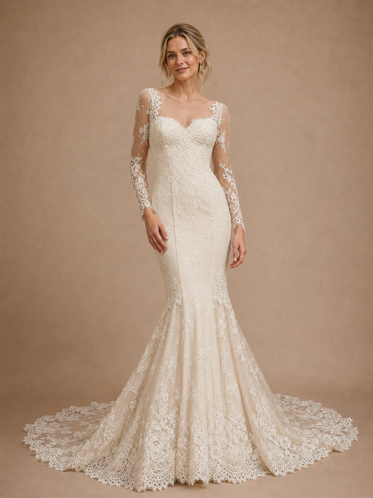ChicSew Romantic Classy Sweetheart Lace Tulle Long Sleeves Mermaid Maxi Wedding Dresses