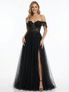 Unique Lace Off Shoulder A Line Tulle Side Slit Long Party Prom Dresses