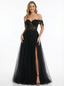 Unique Lace Off Shoulder A Line Tulle Side Slit Long Party Prom Dresses